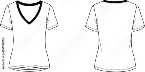 Women V neck t shirt technical fashion illustration, front and back view, short sleeve top, flat sketch design for apparel production