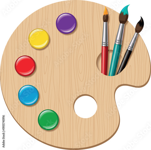 Wooden artist palette with colorful oil paint spots and three brushes vector illustration isolated on white background for fine art creativity painting hobby and school education design concepts.