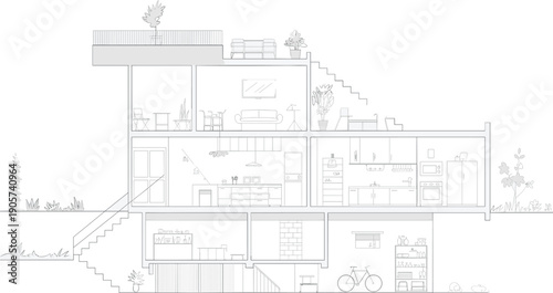 Minimalist house interior with furniture and plants in a cross-sectional view