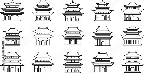 Asian Pagoda Temple Icon Set Featuring Various Linear Designs of Oriental Architecture for Cultural Tourism Spiritual Heritage Traditional Landmarks and Eastern Religious Buildings