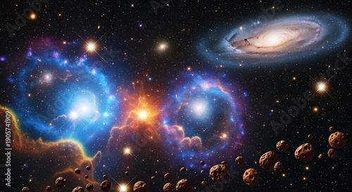 Spectacular celestial panorama depicts swirling nebulae, distant galaxies, and an asteroid field across the cosmos