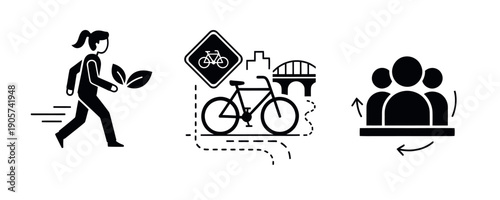 Modern urban living solutions featuring walking culture, cycling infrastructure, and efficient shared transport systems promoting sustainable and ecofriendly city development.