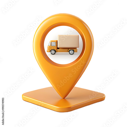 A 3d orange map pin with a truck inside it on a white background.