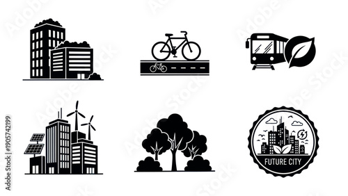 Comprehensive collection of eco friendly city icons showcasing sustainable urban living, renewable energy, green transportation, and environmental design for modern community planning