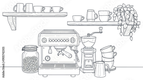 Comprehensive coffee station setup featuring an espresso maker, manual grinder, roasted coffee beans in a jar, various mugs, and a houseplant for cafe ambiance or kitchen product promotions.