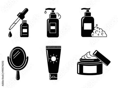 A collection of black and white icons representing essential skincare and selfcare elements such as cream, serum, lotion, sunscreen, and a mirror, perfect for beauty product branding or