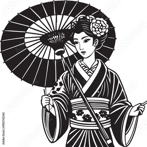 Vector illustration of a beautiful Japanese geisha in a traditional black kimono holding a fan and umbrella in a retro cartoon art style