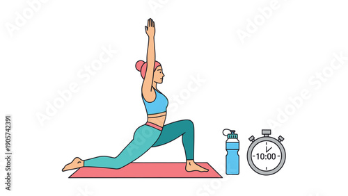 Active woman in athletic apparel practicing a crescent lunge yoga pose on a pink mat alongside a water bottle and stopwatch, perfect for illustrating fitness routines and mindful wellness