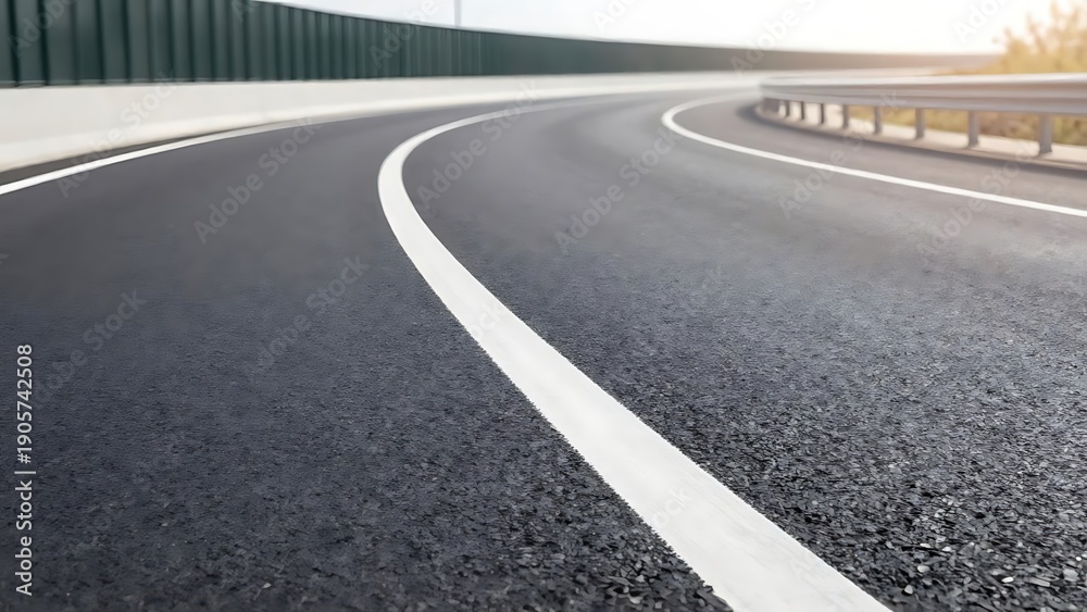 Obraz premium Empty curved asphalt road with white lane markings and guardrails
