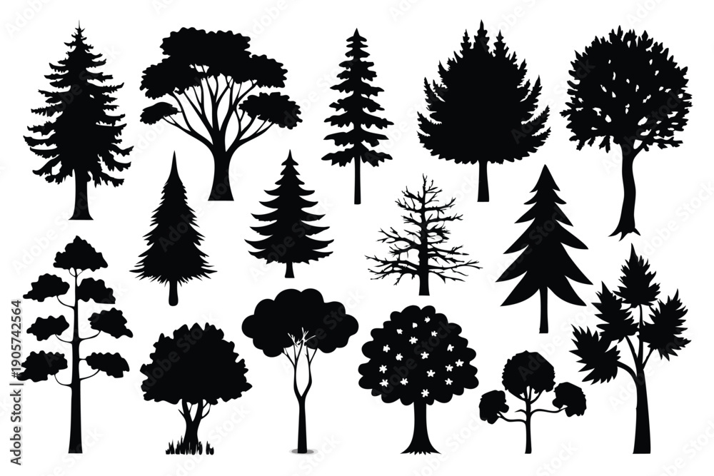 Fototapeta premium set of tree silhouette line art vector illustration with a white background
