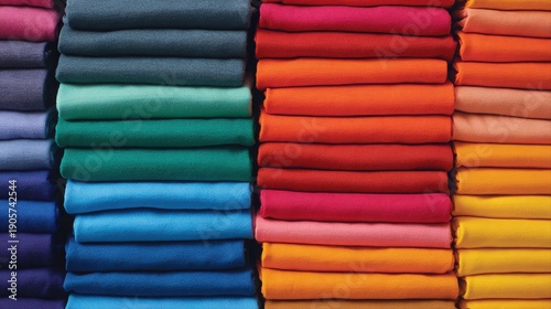 rows of stacks of folded blank t-shirts, the shirts are all different solid colors 