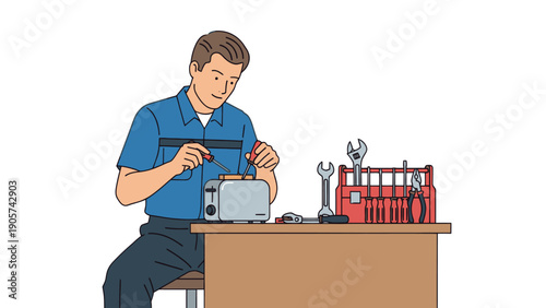 Skilled technician carefully examines and repairs a small kitchen appliance, like a toaster, using specialized hand tools while seated at a workbench, suitable for home improvement and