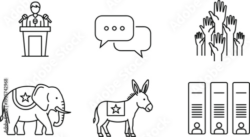 Political election line icons set speech podium debate symbols donkey elephant voting participation vector collection isolated modern design