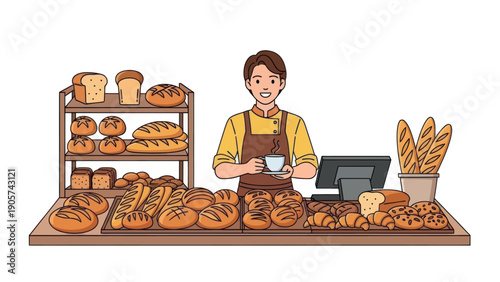 A smiling baker stands proudly behind a wide counter showcasing an abundant variety of freshly baked bread, delicious pastries, and delightful cookies, ideal for food advertisements and