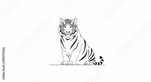 A detailed line drawing of a majestic tiger sitting and looking forward.