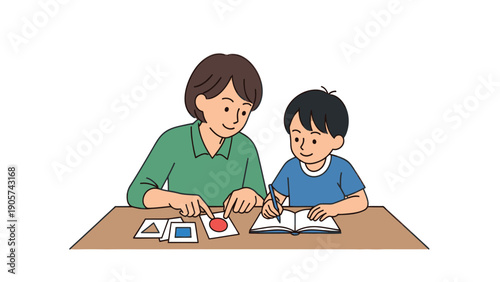 Asian adult patiently teaches a young Asian boy about geometric shapes using colorful flashcards while he writes in a notebook, perfect for educational content and family learning resources.
