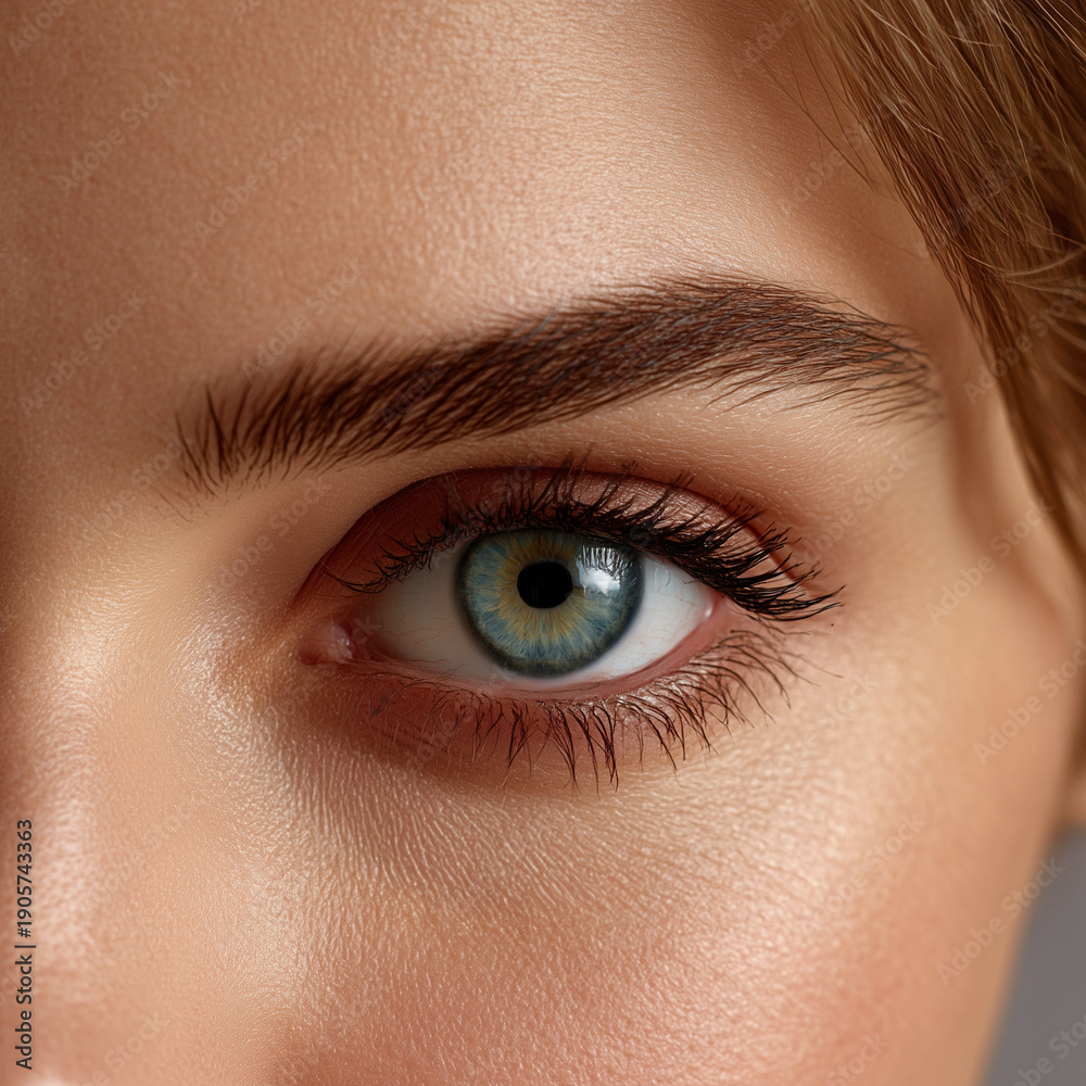 Obraz premium Beauty close-up of blue female eye with natural makeup and detailed skin texture