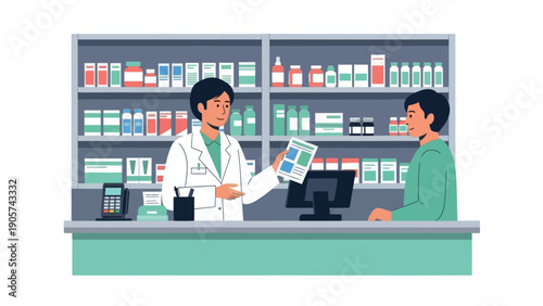 Asian male pharmacist assists a customer with a prescription at the pharmacy counter offering professional health service and medication advice for healthcare information materials