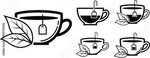 Hot Tea Cup Icon Set Featuring Herbal Infusion Steeping Tea Bags and Green Leaves for Cafe Menus Healthy Beverage Relaxation Wellness Organic Drinks