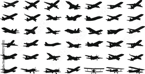 Aircraft silhouettes mega collection, military jets, passenger airplanes, propeller aircraft vector set, aviation transport illustration, isolated background design