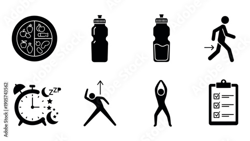 A collection of simple health and wellness black icons representing good nutrition, hydration, exercise, sleep, and goal setting for a healthy lifestyle design template.