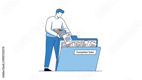 Focused individual diligently organizes and archives completed documents into a dedicated folder, signifying successful task management and efficient workflow for business and personal