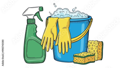 Complete set of household cleaning items including a spray bottle, rubber gloves, a bucket with suds, and sponges, perfect for home maintenance visuals or cleaning product advertisements