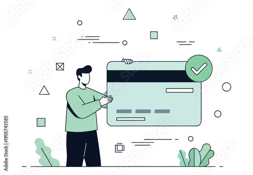 Person holding a large green credit card with a checkmark, symbolizing secure online payments and financial transactions for banking applications and digital commerce.