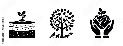 Collection of environmental conservation icons illustrating soil restoration, biodiversity support, and land stewardship for use in educational materials, sustainability reports, and