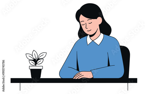 Asian woman taking a mindful break from work at her desk with a timer and plant, promoting stress relief and wellbeing in professional settings.