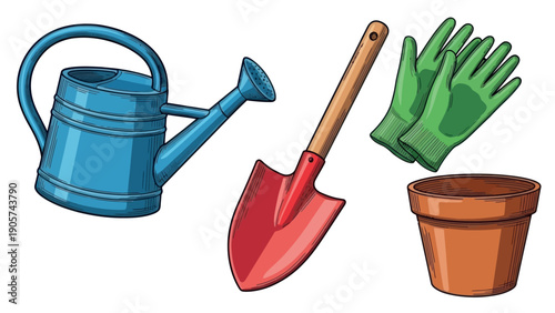 A collection of essential gardening tools including a blue watering can, red hand trowel, green gloves, and a terracotta plant pot, perfect for home gardening and planting projects.