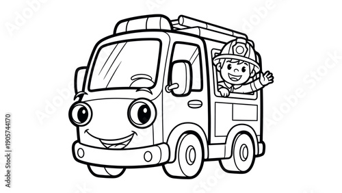 A cheerful fire truck with a friendly face drives along as a happy child in a firefighter helmet waves, perfect for childrens books, educational materials, and activity pages.