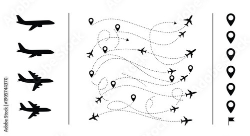 Airplane route navigation infographic illustration, flight path map with location pins, aviation travel concept, aircraft tracking vector design