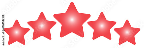 5 red stars for product review vector illustration. 3d five ranking symbols in row for feedback, satisfaction opinion on website service or mobile app isolated on white background.
