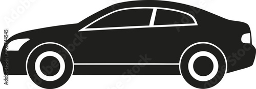 Black and white outline of a sleek sedan car with four wheels and windows