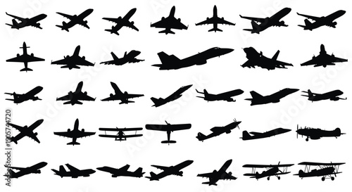 Airplane silhouette mega collection illustration, mixed military and civil aircraft shapes set, aviation transport vector, isolated black plane design