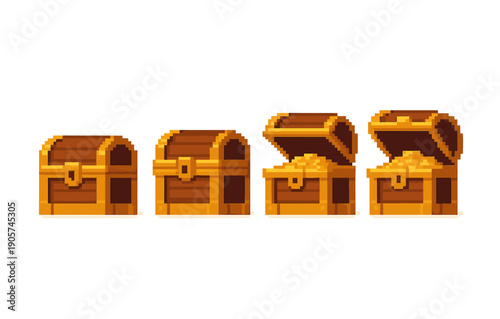 Pixel art treasure chests with gold coins in various stages of opening on white background