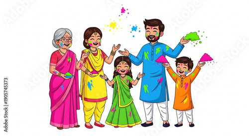 Happy Indian family celebrating Holi festival with colors traditional clothing and joyful expressions vector illustration for festive design