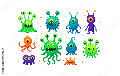 Colorful pixel monsters collection - cute alien creatures in retro pixel art style