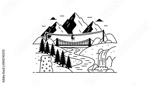 Adventure Rope Bridge Crossing Over River in Mountain Landscape