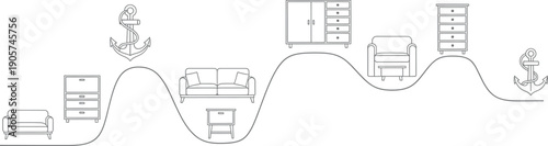 A black and white line drawing of furniture isolated on transparent background