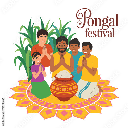 People celebrate the Pongal festival with a rice pot and sugarcane in an Indian celebration