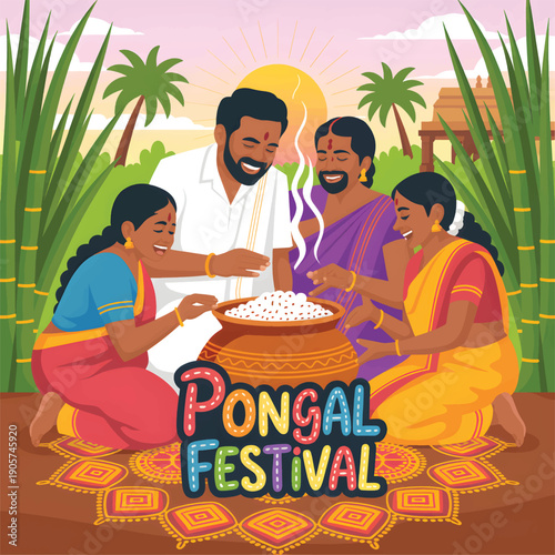 Family celebrating Pongal festival cooking rice in pot outdoors India South India Tamil Nadu
