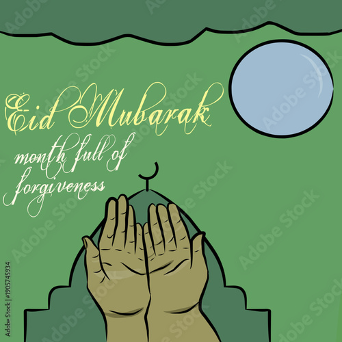 The image is a flat, illustrated Eid greeting card with a calm green background