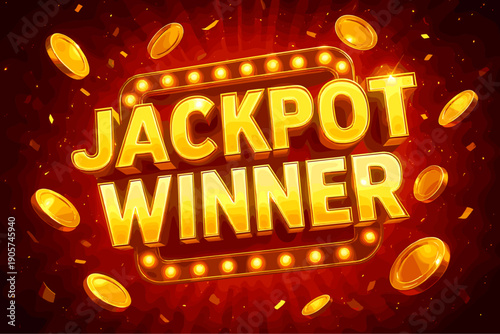 Bright jackpot winner sign with glowing coins background for casino themes