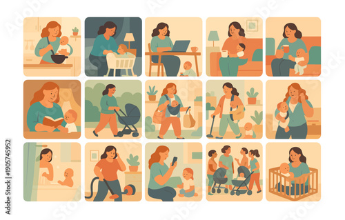 Modern motherhood scenes depicting daily life with babies in a cozy home environment