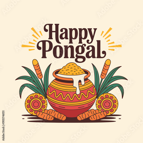 Happy Pongal festival greeting with pot of food and sugarcane India harvest celebration