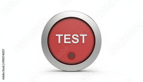 Red test button with metallic frame for control panels and devices copy space