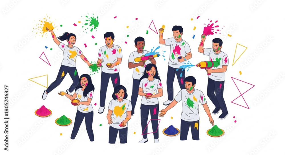 Fototapeta premium Diverse group of people celebrating Holi festival with colorful powder and water guns joyful outdoor activity illustration for festive events