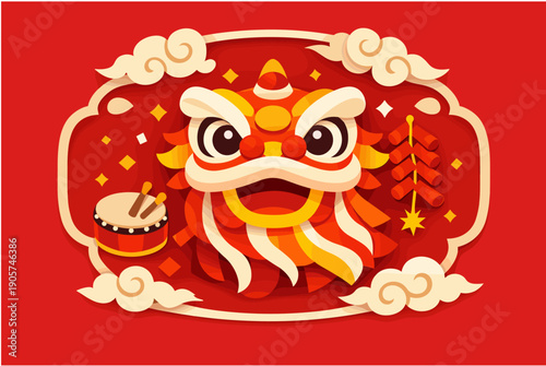 Vibrant chinese new year celebration with lion dance and festive elements